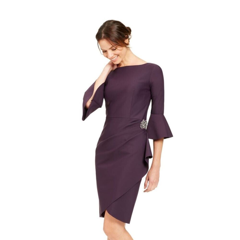 Alex Evenings Slimming Bell Sleeve Scuba Sheath Dress with Brooch in Plum Purple